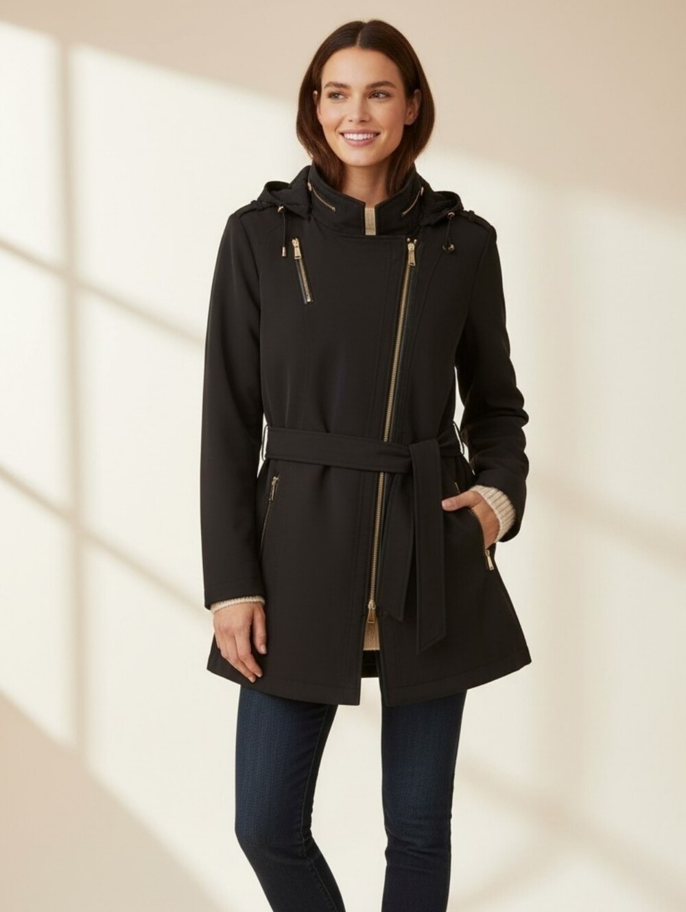 Michael Kors Black Softshell Hooded Belted Utility Jacket Coat Medium - Picture 2 of 9